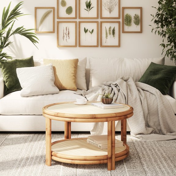 MOJO BOUTIQUE Round Coffee Table, 27.6" Diameter, Handmade Natural Sustainable Rattan Boho Table