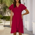 thumbnail image 4 of Ashirexll Summer Dresses for Women Midi Dresses Women Elegant Solid Color V-Neck Waist Irregular Split Short Ruffle Sleeve Dress, 4 of 7