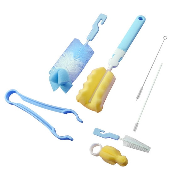 Famyfamy 7Pcs/set Baby Milk Bottle Sponge Cleaning Brush Tools Nipple Brush with Handle Utensils Infant Toddler Spout Tube Straw Water Cup Brush Set