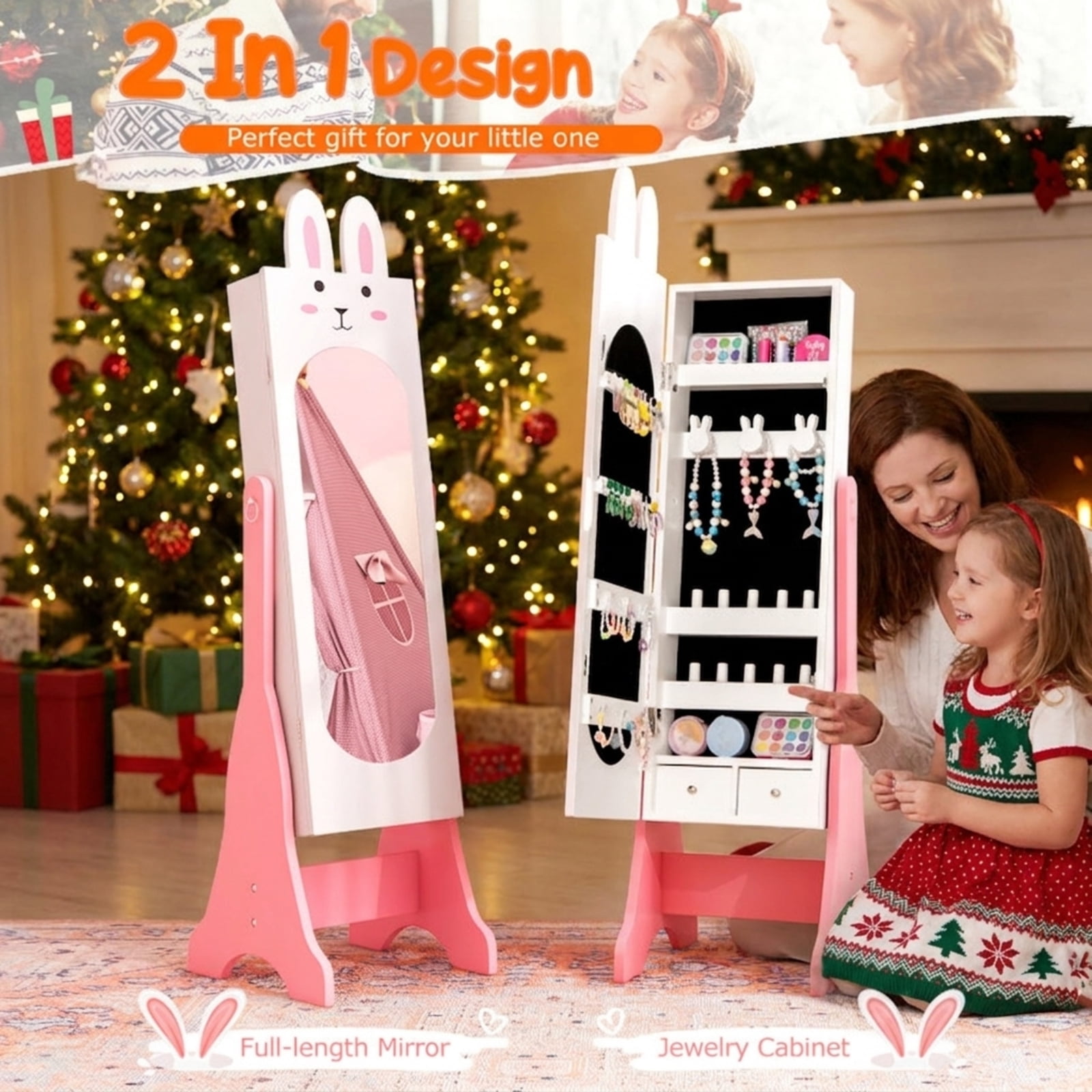 Furnibear Kids Vanity Table and Chair Set with Princess Dressing Table Jewelry Armoire and Mirror for Bedroom Pretend Play Makeup, White