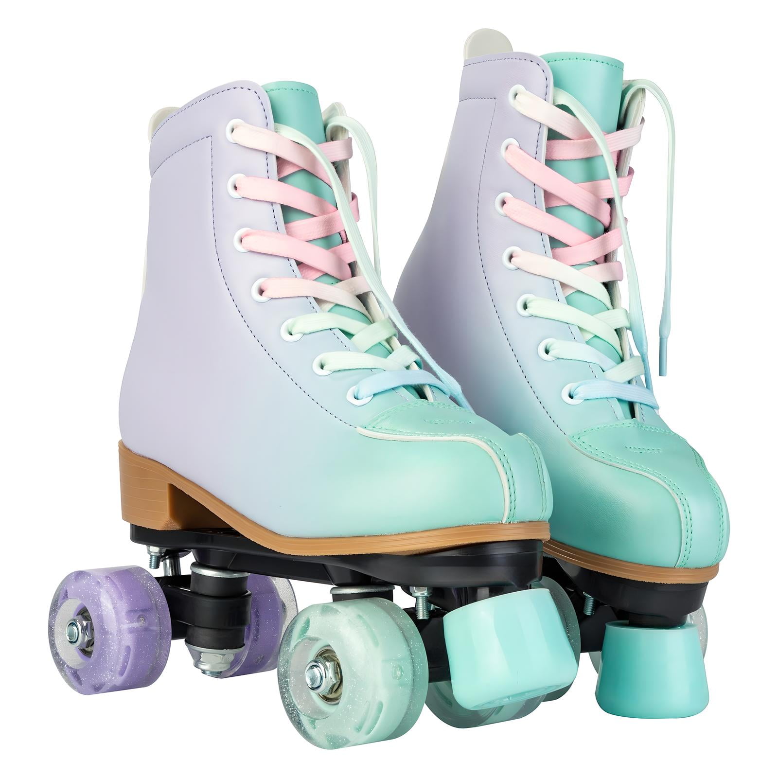 SLLINGLUO Roller Skates for Women, Grils High-Top Roller Skates Double Row Leather Shiny Quad Skates, Purple & Green, Size 6.5
