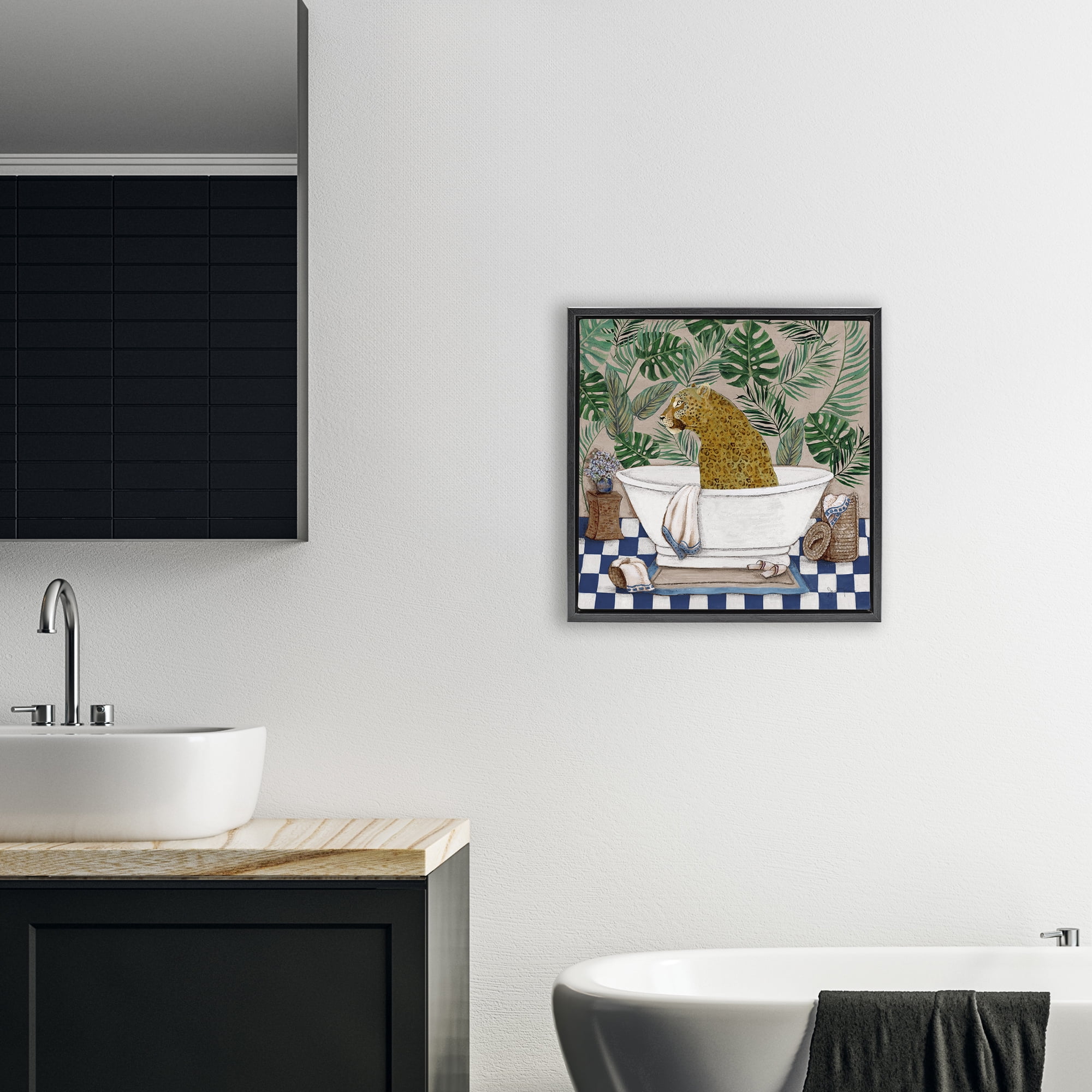 Stupell Industries Leopard in Tropical Bathtub Black Framed Floater Canvas Wall Art, design by Janet Tava