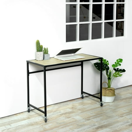Vintage Writing Desk Rustic Industrial Computer Desk,Wood and Metal Writing Desk, Vintage PC Table for Home Office, Wooden Beech Metal leg with Removable Nylon castors ()
