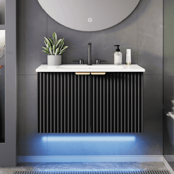 EVOKEDEN 30" Wall Mounted Floating Vanity Cabinet w/ LED Light, Metal Handle & Double Soft-Close Doors, Black