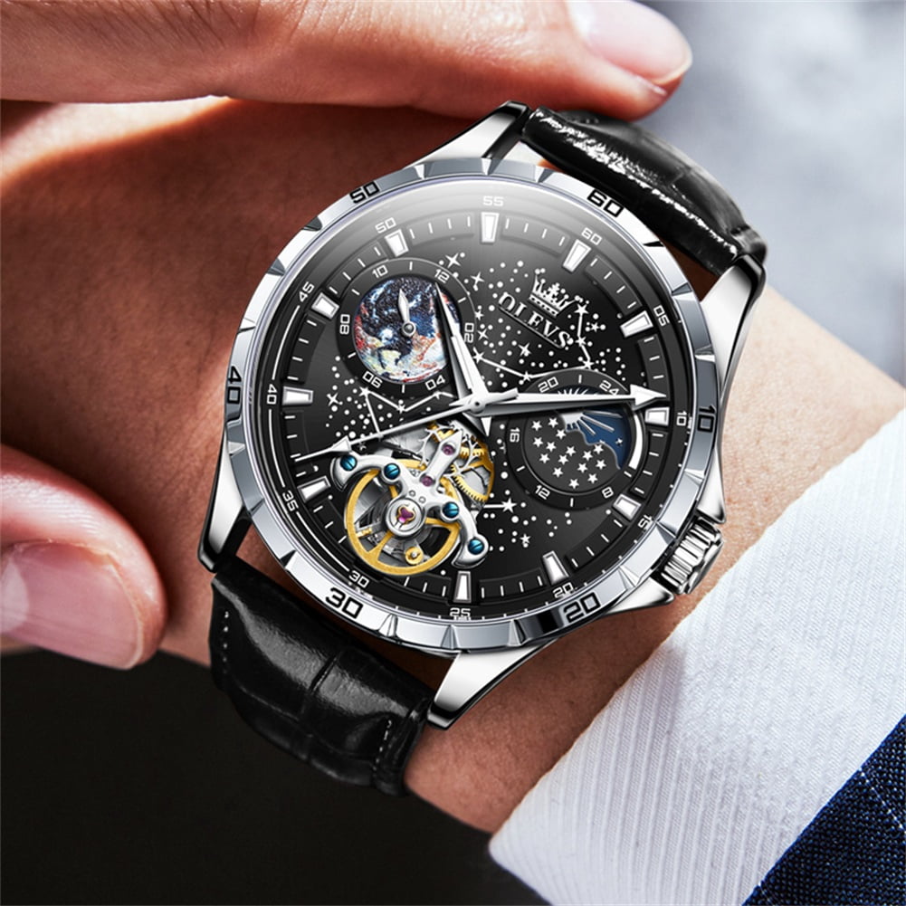 OLEVS Automatic Watches for Mens Starry Sky Skeleton Tourbillon Self Winding Mechanical Moon Phase Luminous Waterproof Luxury Dress Mens Wrist Watches Gifts Reloj Para Hombre Black/Blue/Green