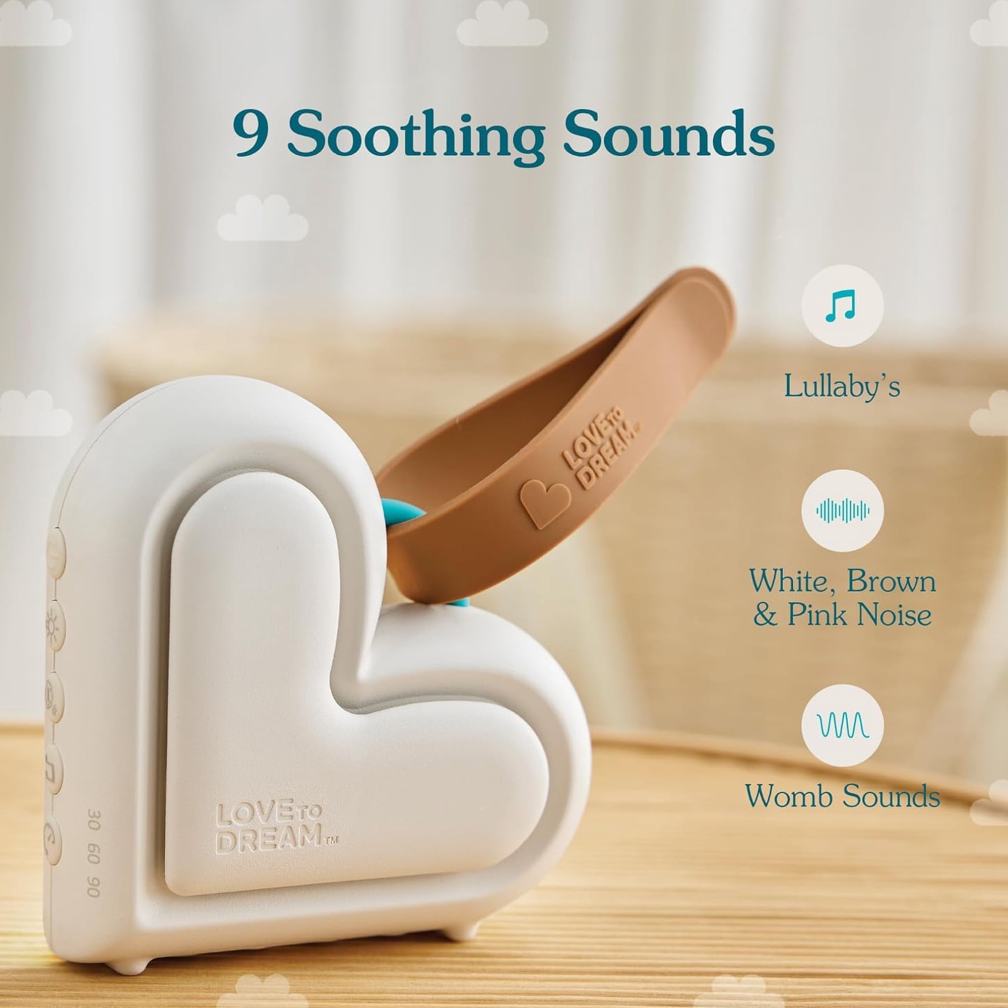 Love to Dream Sleep Machine, Portable Sound Machine with 9 Soothing Sounds, Night Light for Babies, White