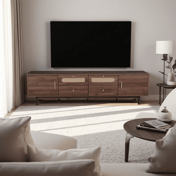 76" Dark Brown TV Stand - Rattan Detail, Soft Closing Doors, Fits 85" TV for Living Room/Bedroom
