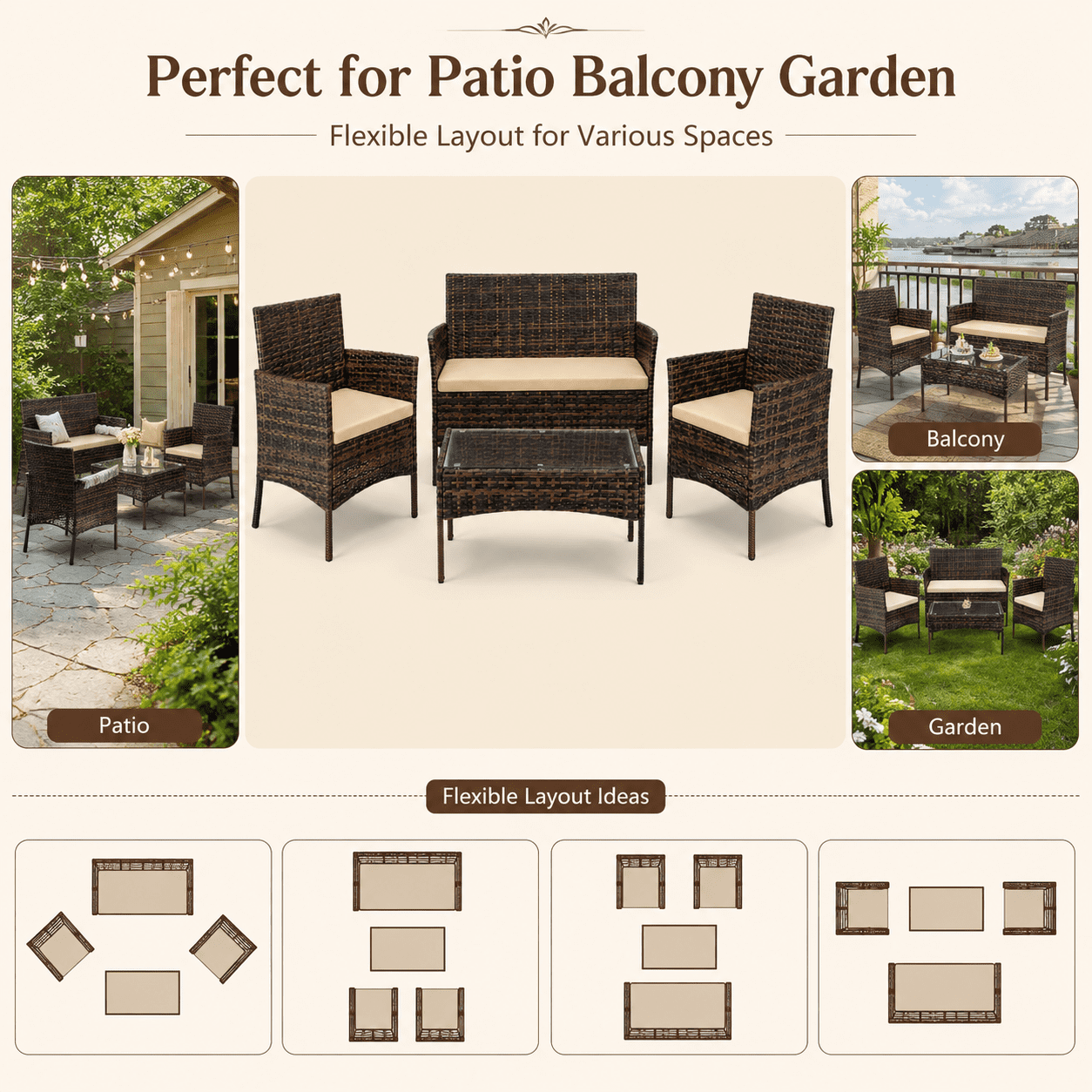 Outdoo Furniture Set, 4 Pieces Wicker Porch Conversation Set w/Cushions, All-weather Hollow Rattan Patio Sectional Sofa Set with Table