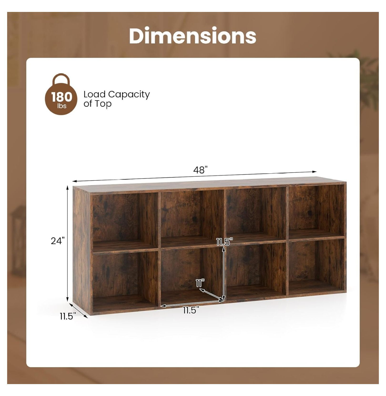 WDZS 8-Cube Bookcase, Floor Standing Bookshelf with Storage & 2 Anti-Tipping Kits, Open Storage Organizer, Cubby Wooden Book Shelf for Living Room, Study & Bedroom, Rustic Brown