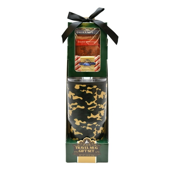 Ghirardelli Cocoa and Chocolate Gift Set with 22oz Stainless Steel Camo Travel Mug, 1.26oz
