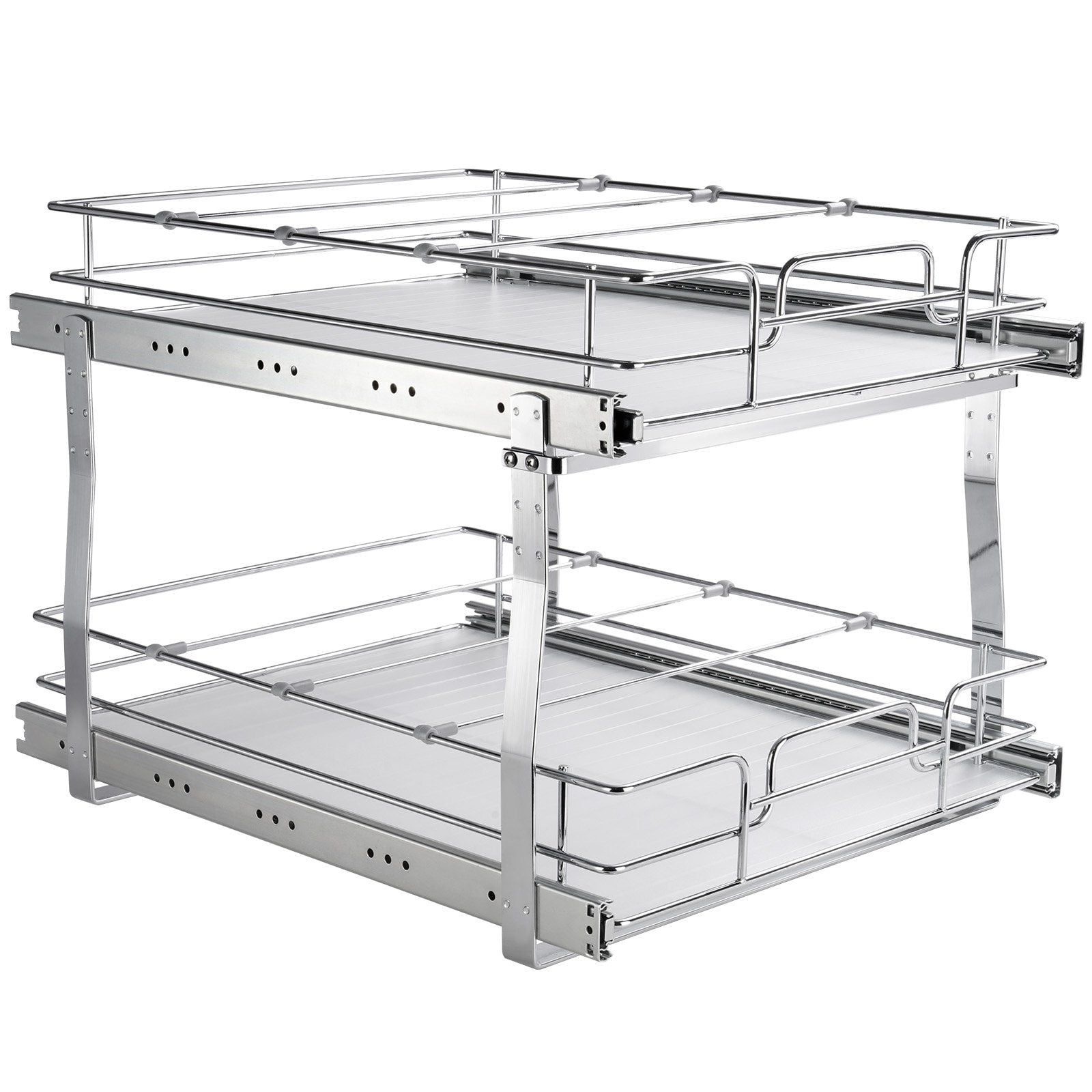 2 Tier Slide Out Pantry Shelves, 20 Inches Wide x 21 Inches Deep Pull Out Cabinet Organizer, Chrome Steel Roll Out Drawers for Kitchen & Bathroom