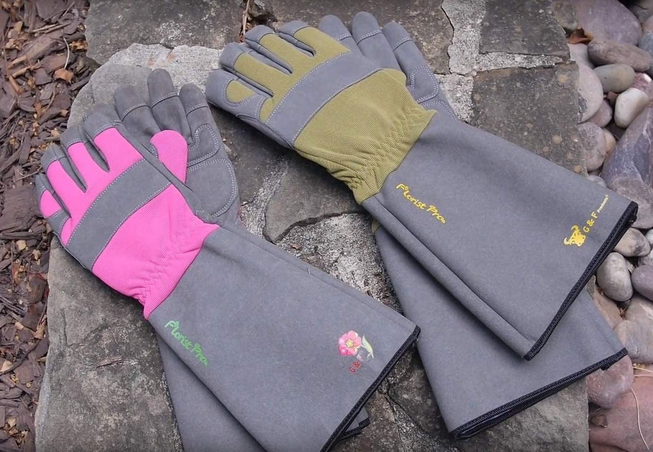 G & F Florist Pro Long Sleeve Gardening Gloves, Rose Pruning Gloves, Synthetic Leather Palm, Thorn Protection, Elbow-Length Gauntlet Cuff, Gray, Large, 1 Pair