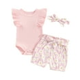 thumbnail image 2 of BemeyourBBs Toddler Baby Girls Summer Clothes Cute Infant Baby Girl 2 Pieces Outfits Short Sleeve Ribbed Romper Daisy Print Shorts with Belt Headband Sets, 2 of 10