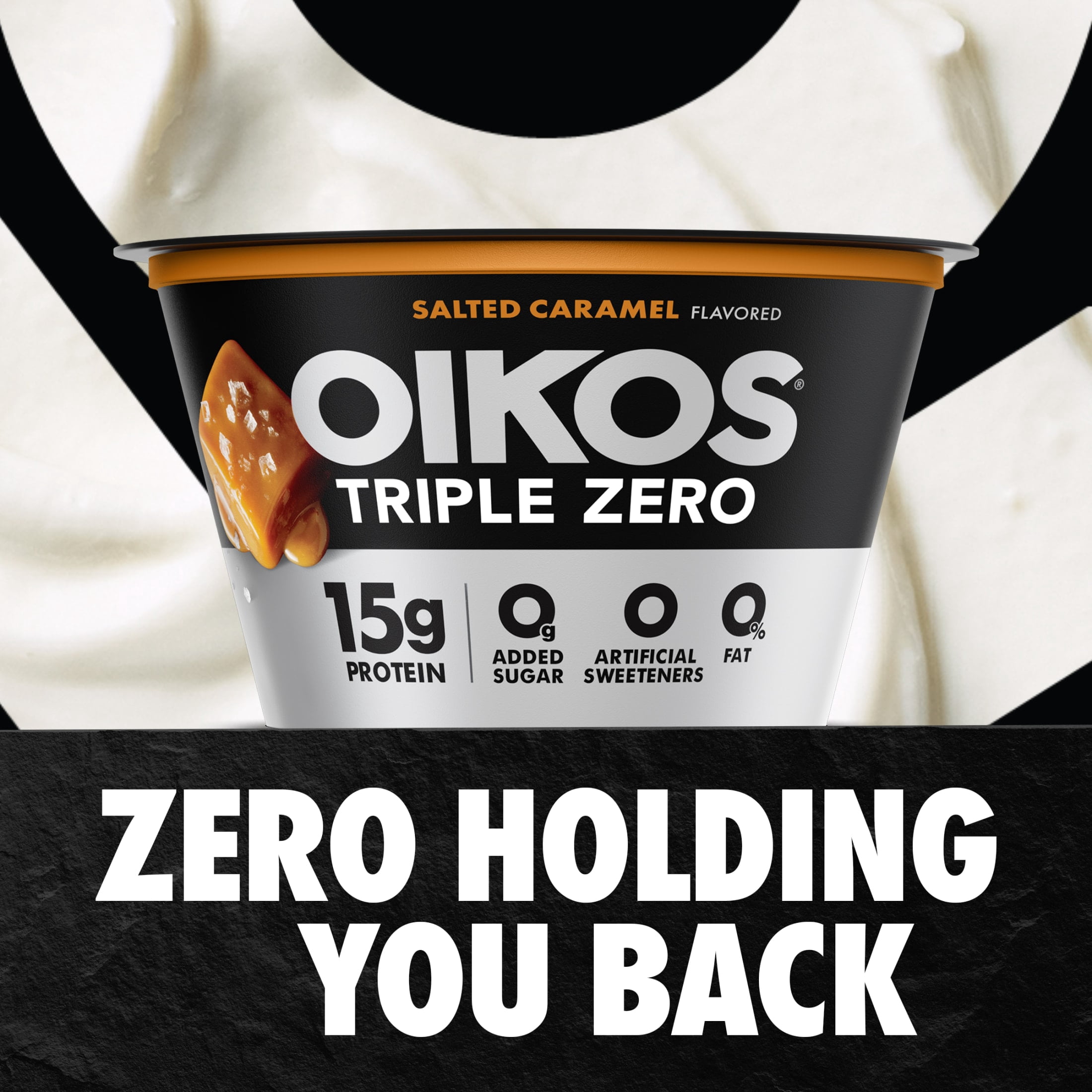 Oikos Triple Zero 15g Protein Salted Caramel Greek Yogurt, 90 Calories, 0g Added Sugar and 0 Artificial Sweeteners, Nonfat Yogurt Pack, Great for Office Snacks, 5.3 oz Cup