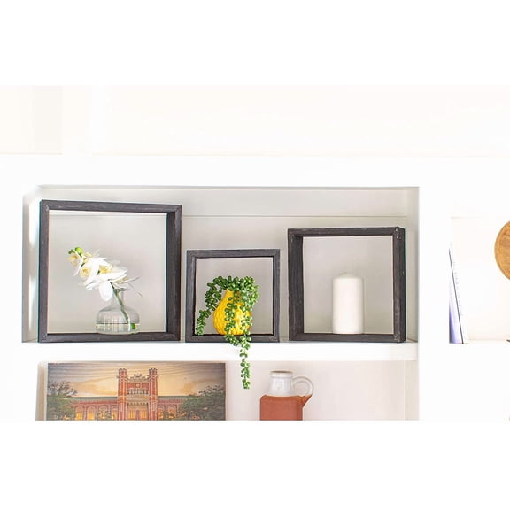 LInyy Black Rustic Shelves, Square Floating Wood Shadowbox, Home Decor, Set of 3