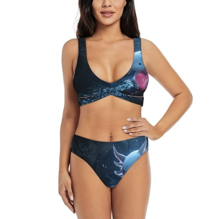 Zeuib Heart Axolotl High Waisted Tummy Control Bikini Set - Knot Front Push Up Top & Cheeky Thong Bottom  Two-Piece Swimsuit for Women-XX-Large