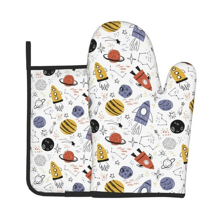 

Junzan Rocket Planets Pattern Oven Mitts and Pot Holders 2 pcs Set Potholders BBQ Gloves Long Kitchen Oven Glove for Cooking Baking Grilling (2-Piece Set 11 Inch)