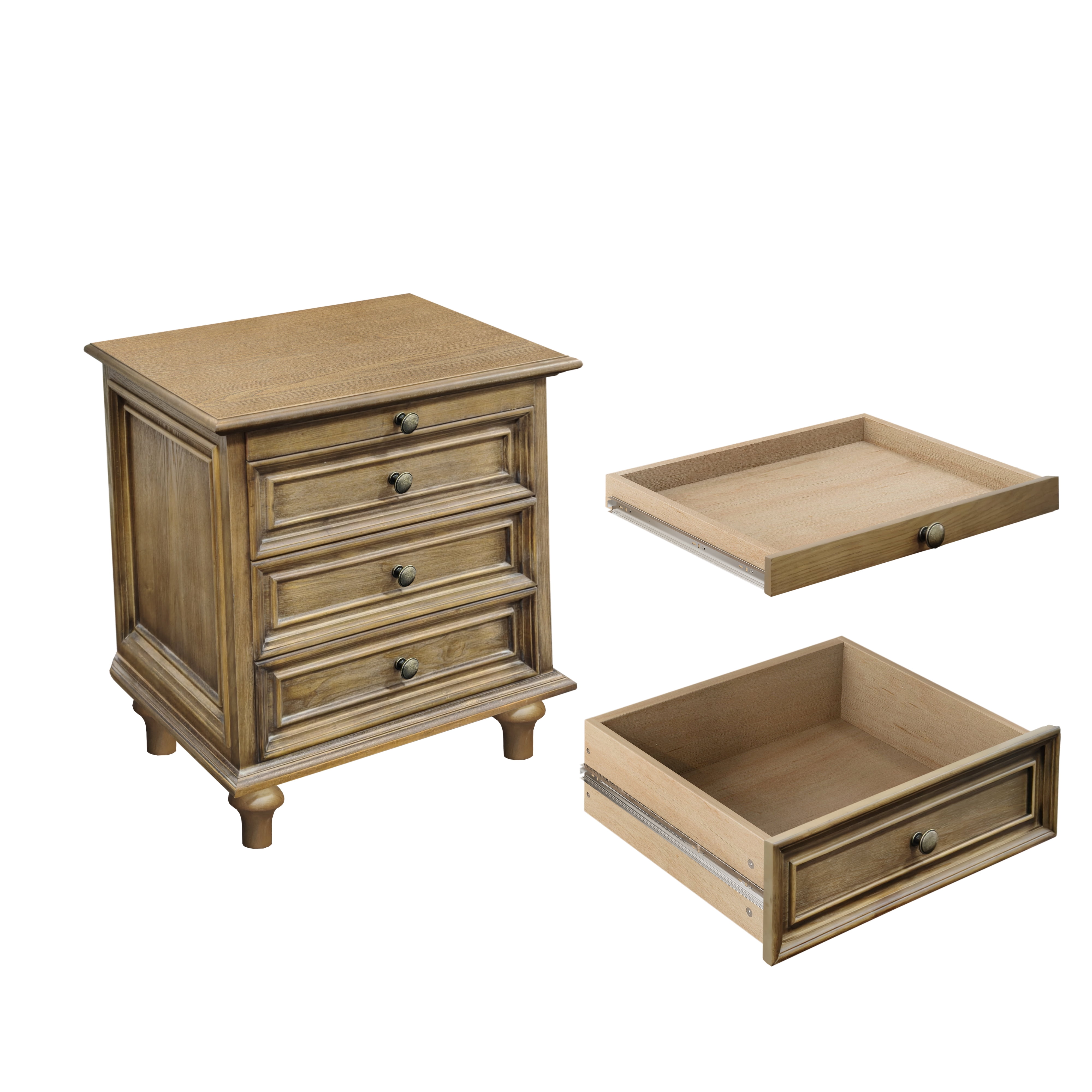 Farmhouse Nightstands Set of 2 with 4 Drawer,Wood Storage End Table with Hidden Pull-Out Shelf, Large Side Table with 4 Solid Wood Feet and Metal Handle,Easy Assembly,Light Brown