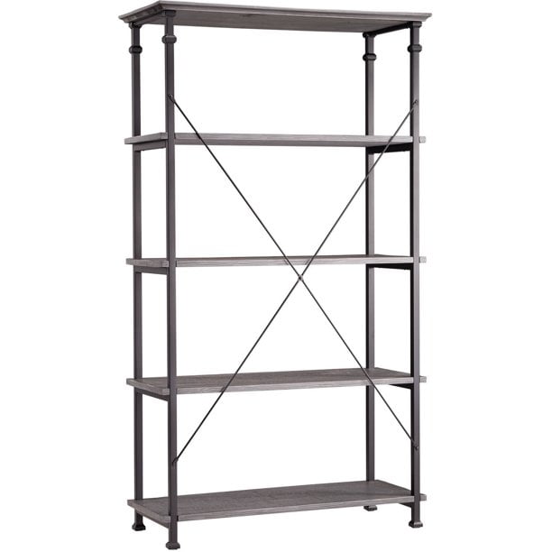 Weston Home Clayton 5 Shelf Wide Wood and Metal Bookcase, Grey Shelves