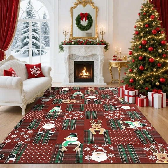 Washable 5' x 7' Area Rug Low Pile Throw Christmas Rug, Modern Xmas Stain-Resistant Non Slip Carpet for Living Room, Bedroom, Red