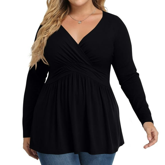 Plus Size V Neck Long Sleeve Tops for Women Solid Color Casual Pleated T-shirt Spring Autumn Lightweight Blouse,Female Plus Size Slim Fit Pullover Tops,L-13XL