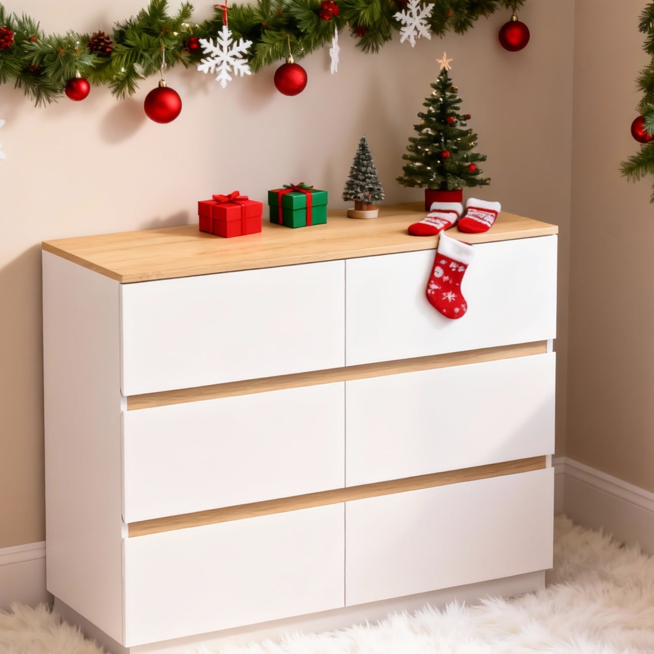 Ktaxon 6 Drawer Double Dresser Wood Dresser Organizer Storage Cabinet Chest Of Drawers, White