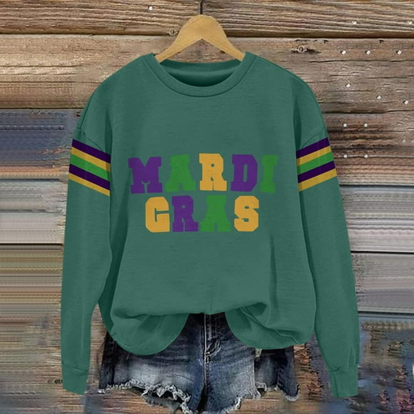 Ploknplq Graphic Tees for Women,Mardi Gras Long Sleeve Shirts for Women,Green Sweater Women Purple Gold Green Women's Print Hoodless Sweatshirt,Mardi Gras Clothes,Sweatshirt for Women Z Green 1 L