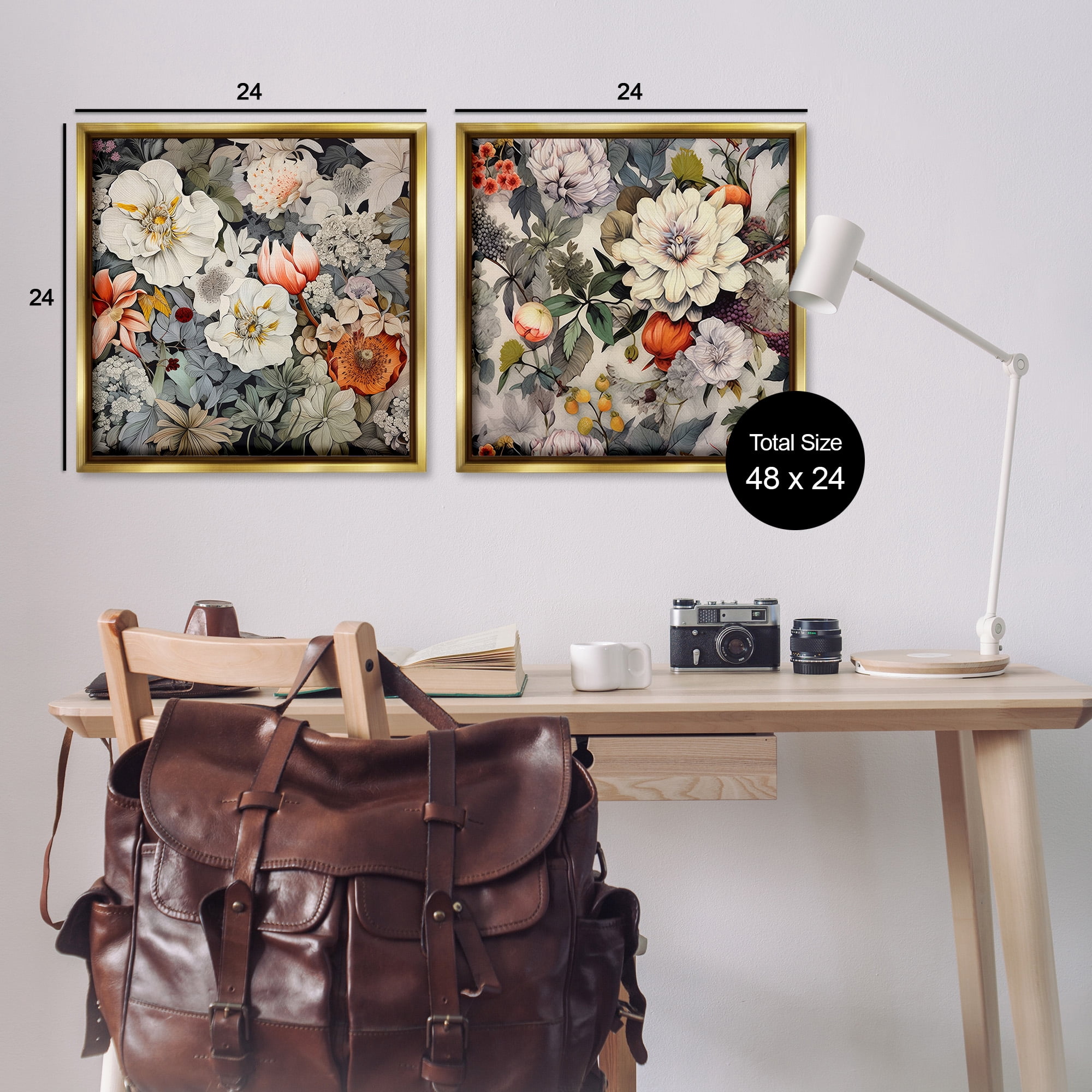 Stupell Industries Vintage Blooms Arrangement Botanical & Floral Painting Gold Floater Framed Canvas Art Print Wall Art, 25 x 25, Set of 2