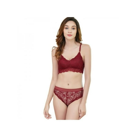 

Lemetow Lace Gathered Camisole Bottoming Underwear Set Solid Color Jacquard Bra + Lace Briefs