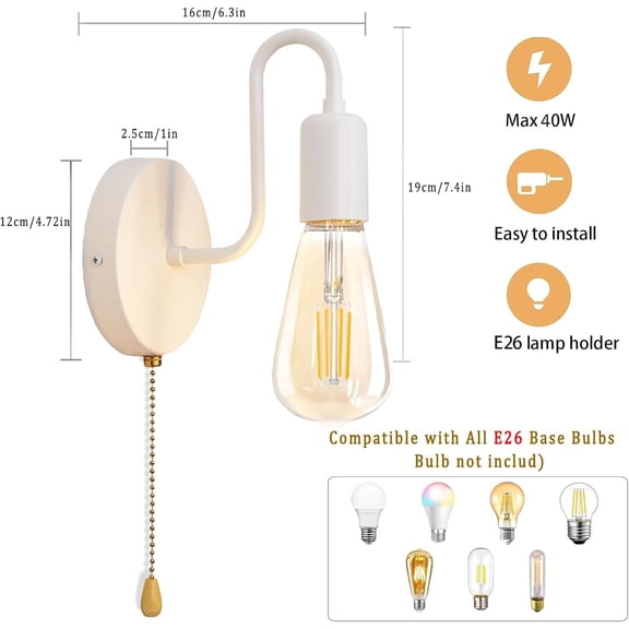 PYYAN-Hardwired Pull Chain Wall Sconce White, 1-Light Wall Light Fixture with On Off Switch, Small Vintage Metal Wall Lamp Indoor for Bedroom Kitchen, Bulb Not Included