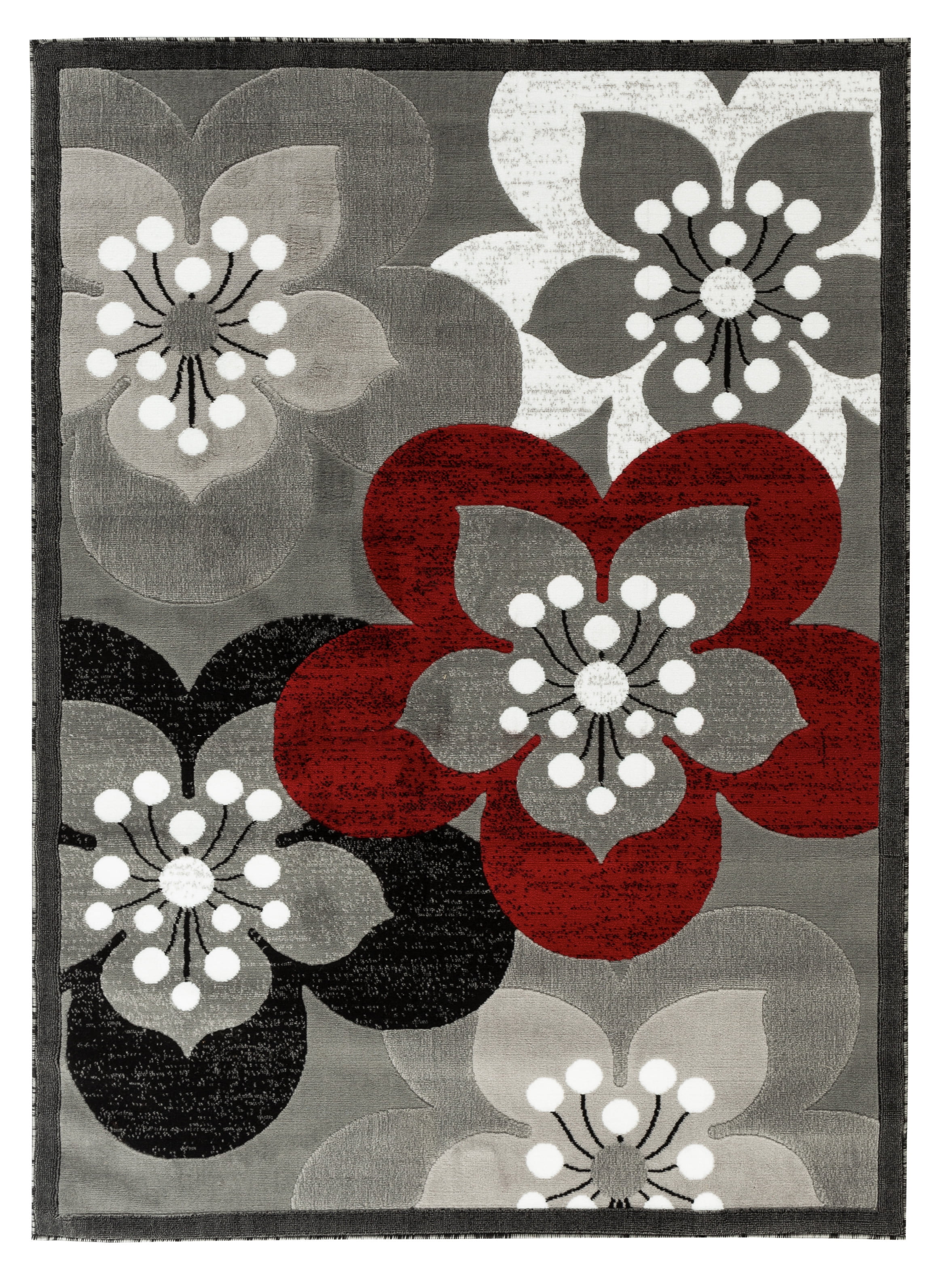 Newport Collection Gray, Burgundy, White Floral Modern Area Rug