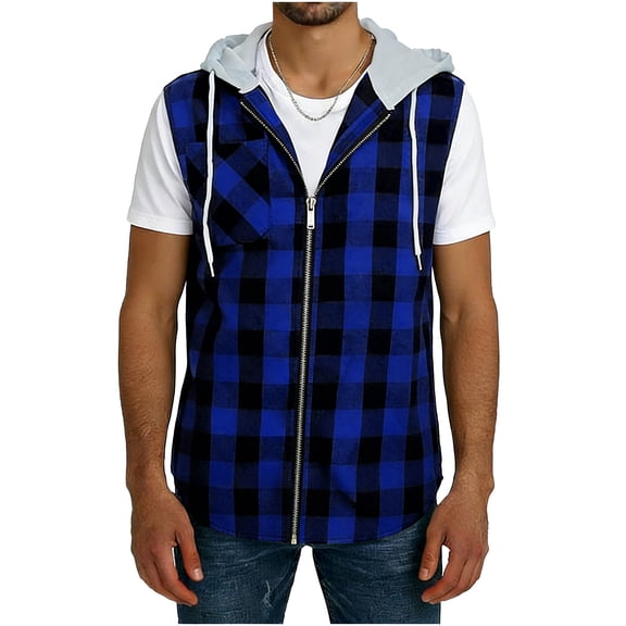 Men's Two-Layer Buffalo Plaid Hooded Vest Zip-Up Sleeveless Hoodie, Casual Checkered Streetwear with Chest Pocket, 2 in 1 Design Top for Daily & Fashion Trendy Wear