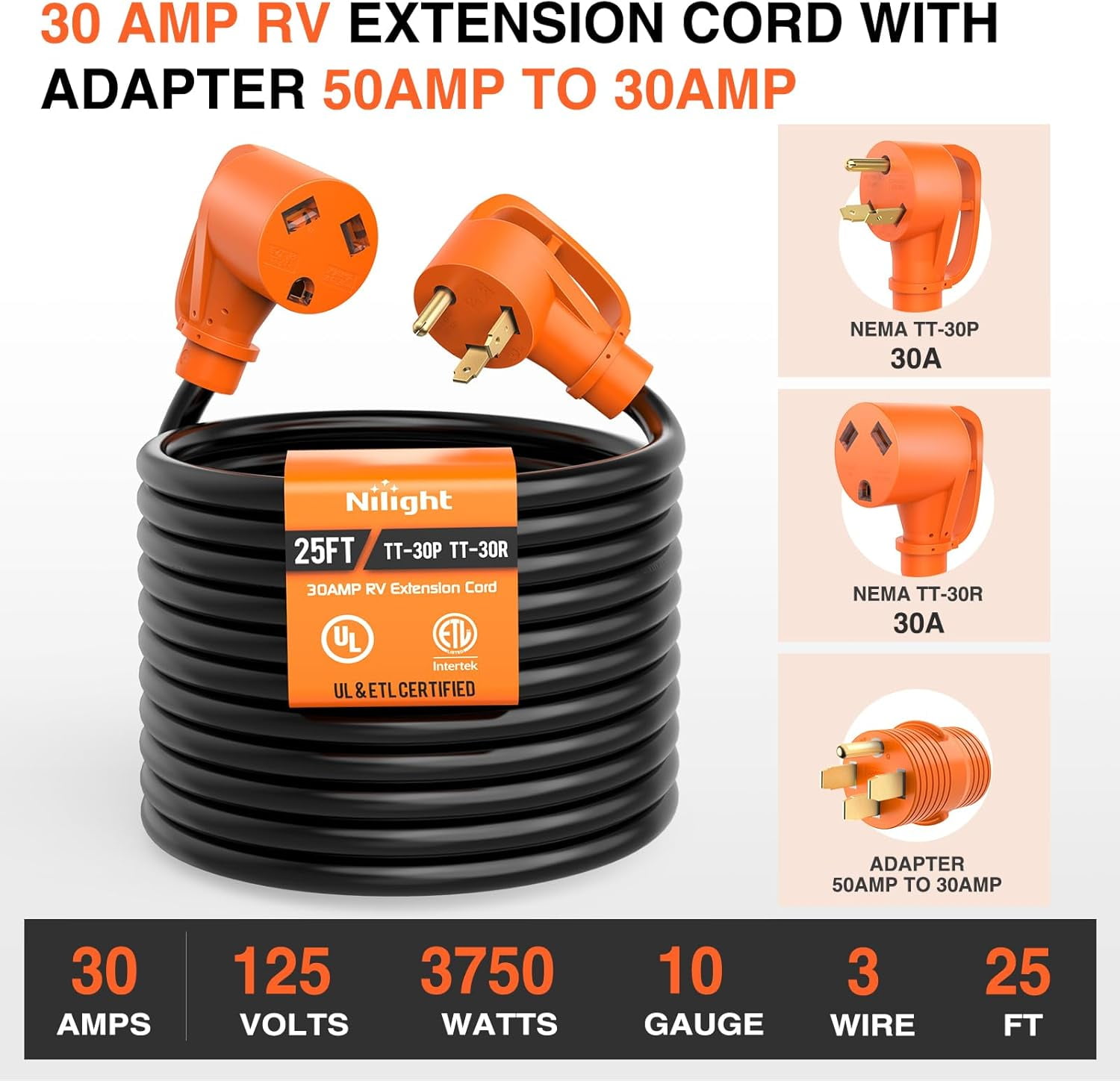 Nilight 25FT 30 Amp RV Extension Cord with Adapter 50Amp to 30Amp 125V Heavy Duty 10/3 Gauge Pure Copper STW Wire UL ETL Listed 3 Prong TT-30P TT-30R Weatherproof Suit for Generators Campers