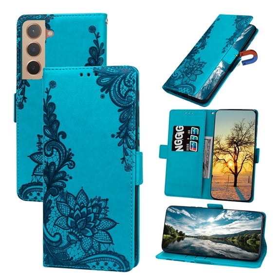 Nalacover Wallet For Samsung Galaxy S22 Case,Full Protection Embossed Lotus Pattern PU Leather Flip Kickstand Card Slots Shockproof Magnetic Cover with Wrist Strap.For Samsung Galaxy S22,Blue