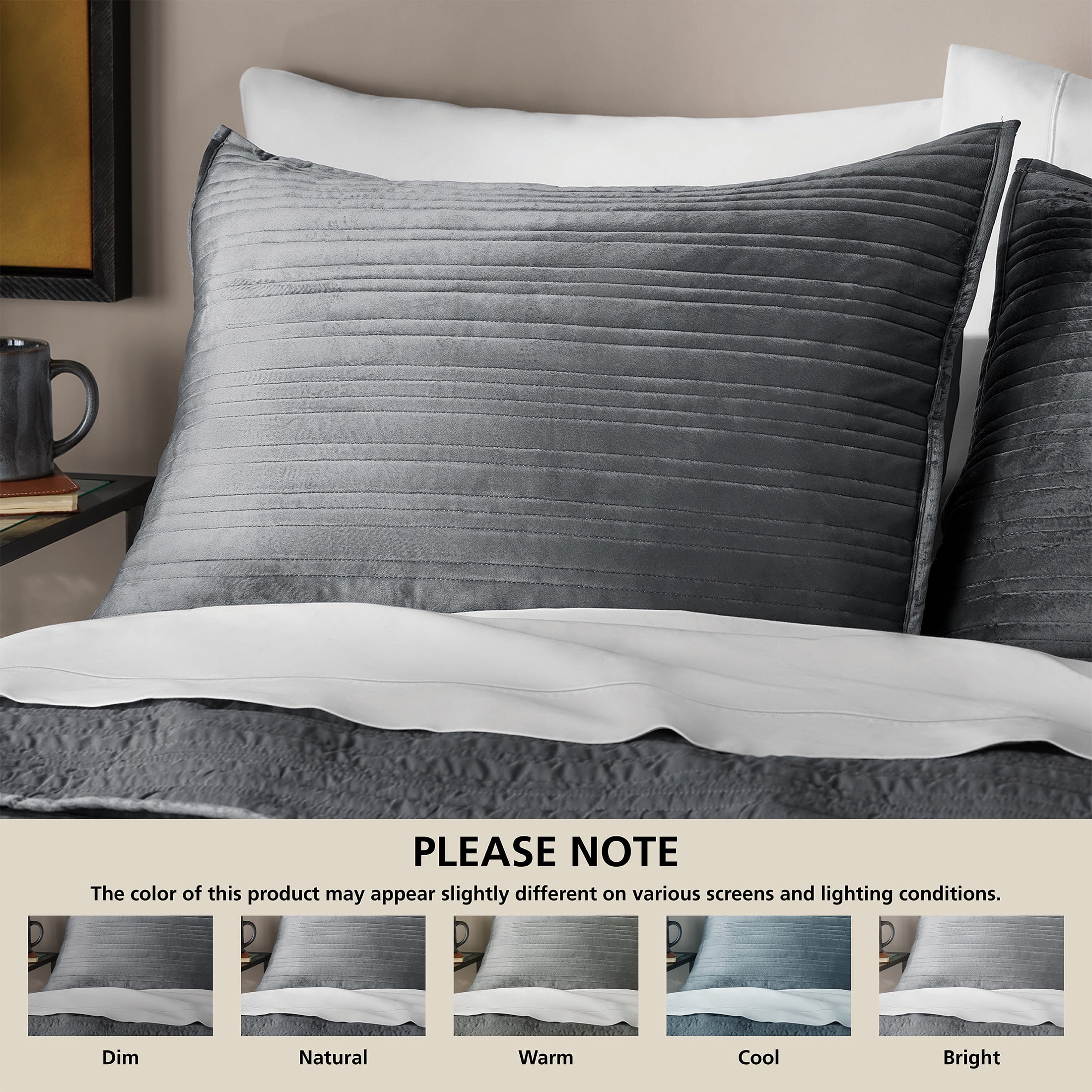 Mainstays Soft Velvet Pillow Sham, Standard, Soothing Grey, 1 Pack