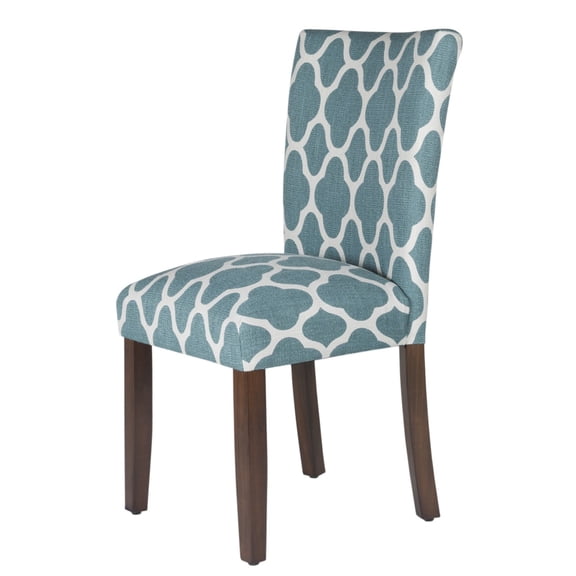 Benjara Wooden Parson Dining Chairs with Quatrefoil Patterned Upholstery, Teal Blue and White, Set of Two