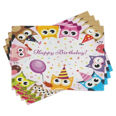 

Kids Birthday Placemats Set of 4 Birthday Party Owl Family with Colorful Cone Hats on Confetti Backdrop Art Washable Fabric Place Mats for Dining Room Kitchen Table Decor Multicolor by Ambesonne