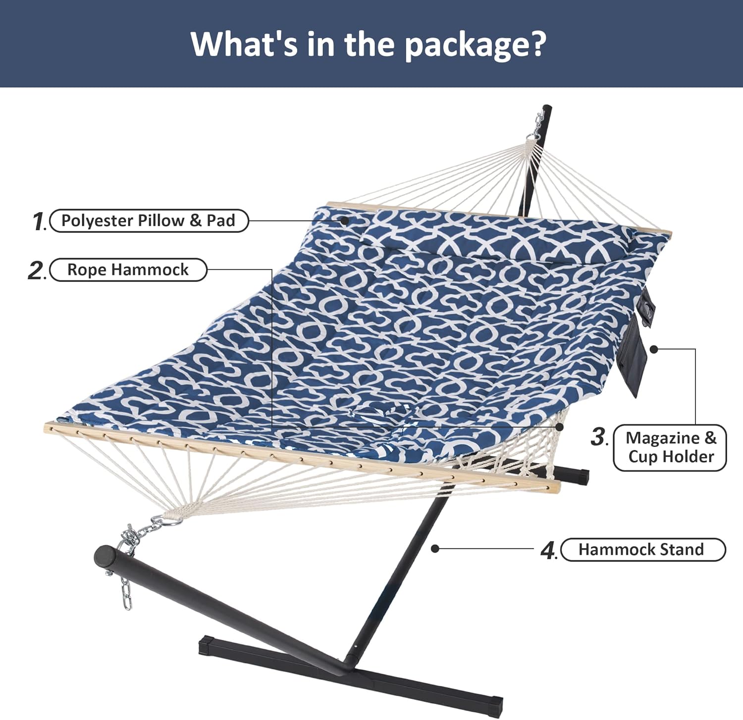 SUNCREAT Polyster Double Portable Hammock with Stand Included,Extra Large Two Person Hammock, Blue Pattern
