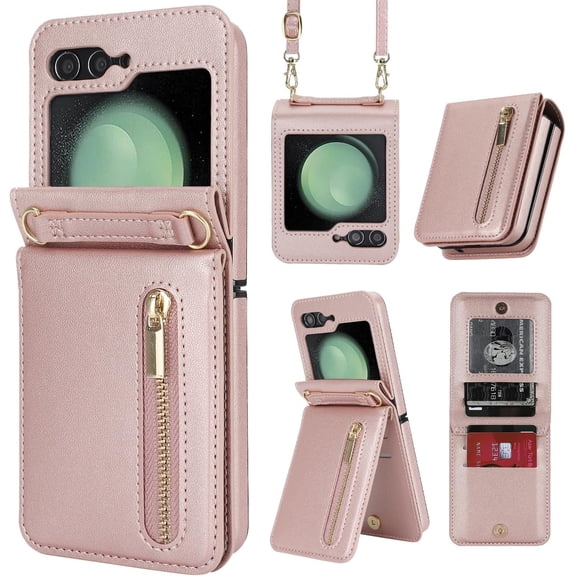 fREQO for Samsung Galaxy Z Flip 5 Luxury Zipper Wallet Phone Case, Multi-Function Kickstand Card Holder Adjustable Crossbody Strap, Fashion Flip Case