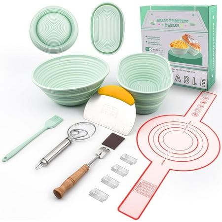 Silicone Banneton Bread Proofing Basket Oval Sourdough Starter Kit Bread Making Tool Supplies Accessories Bowl for Rising Baking Round Brotform Set Homemade Essentials (Light Green)