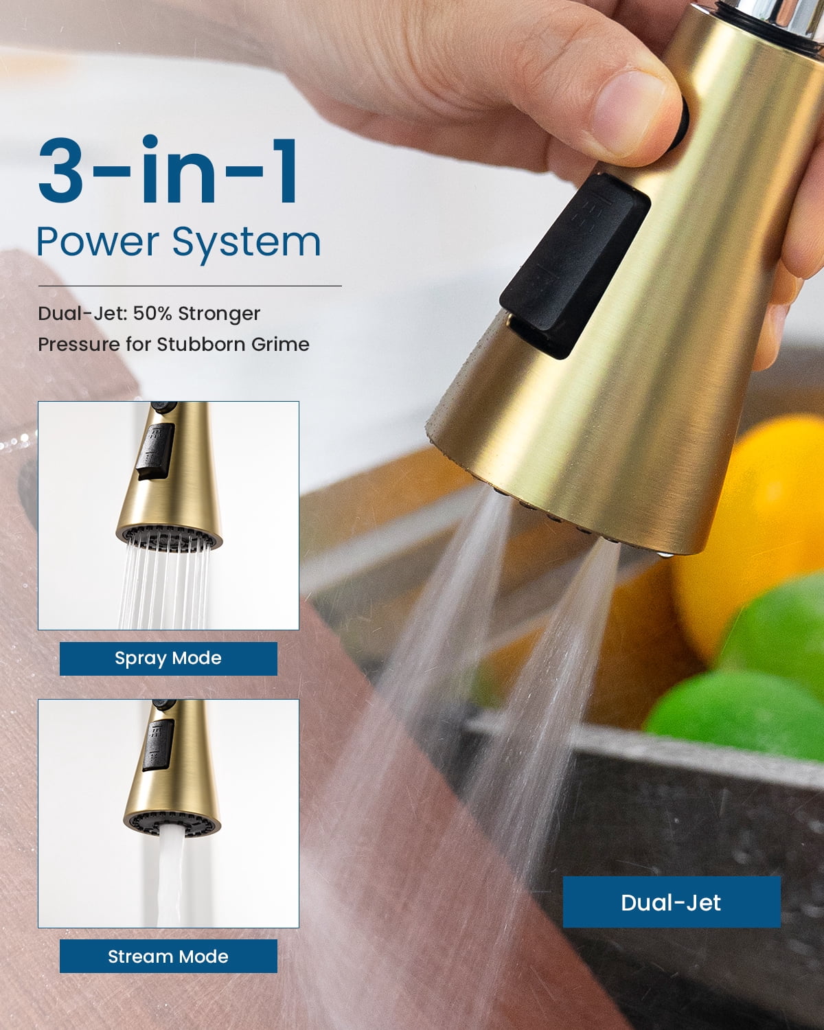 DAYONE Brushed Gold 3 Hole Kitchen Faucet with Separate Handle and Pull Down Sprayer, 2 Handle Sink Faucets for Kitchen/RV with Soap Dispenser Stainless Steel
