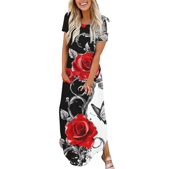Offres du Jour Liquidation Iumwxz Robe à Manches Courtes Col Rond pour Femmes Tunique Décontractée Robe Maxi Ample Robe Graphique Florale Robe d'Invitée de Mariage Robe Tendance pour Festival