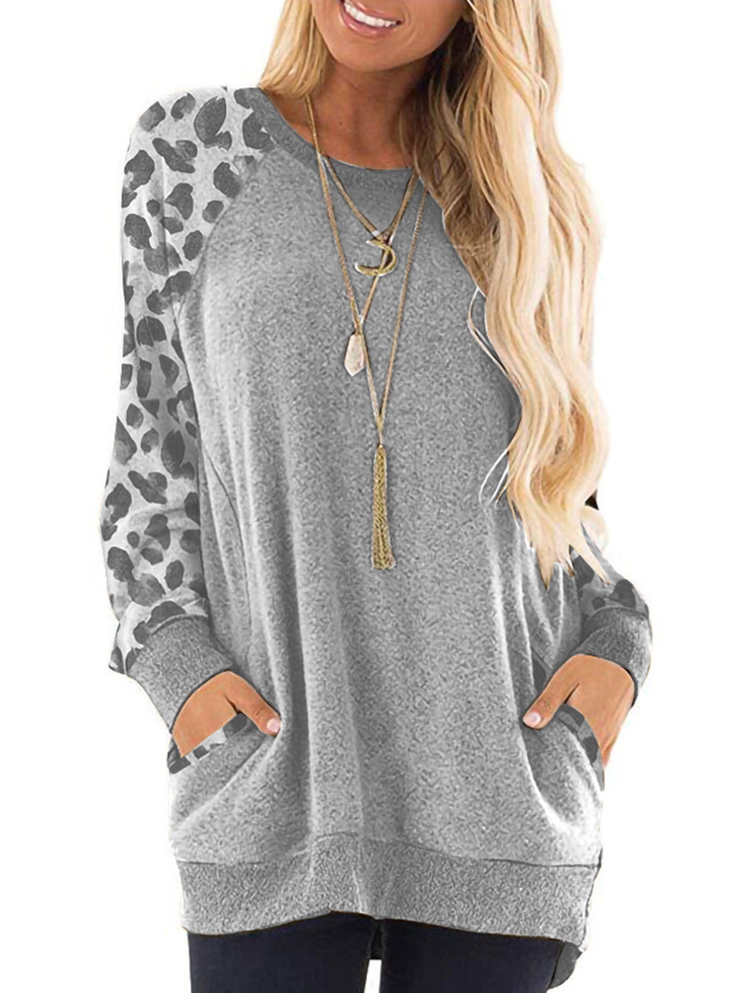 Fainosmny Fashion Womens Leopard Patchwork Sweatshirt T-Shirt Blouse Tops Long Sleeve Oversize Pullover Shirt Tee