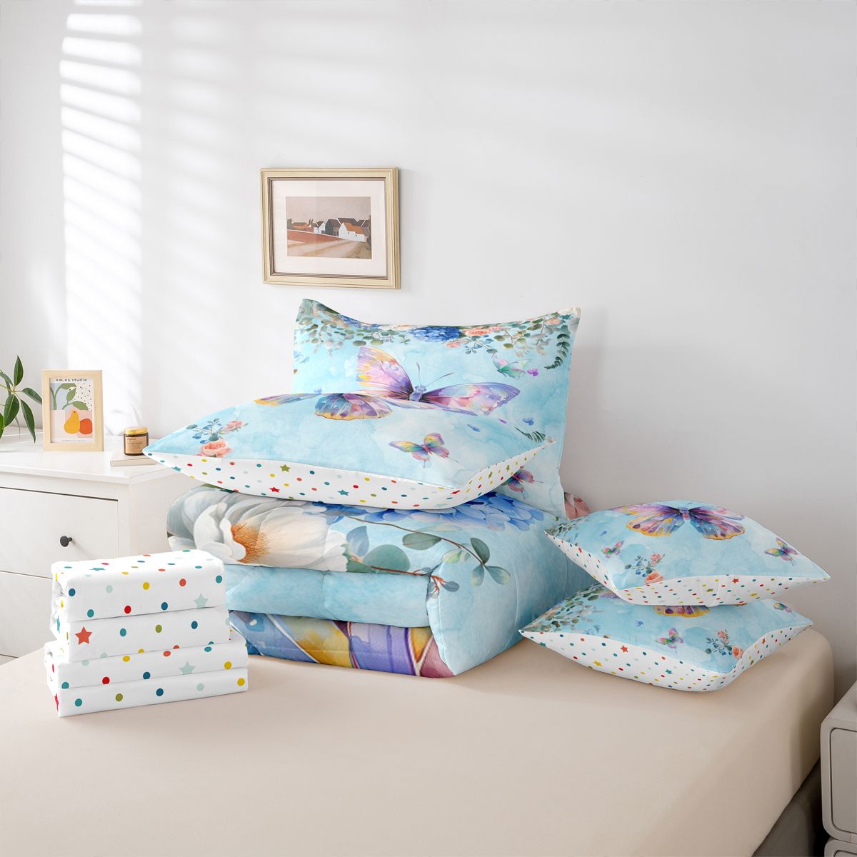 Homewish Kawaii Butterfly 7pcs Bedding Comforter Set,Modern Painting Artistic Queen Bedding Sets,Blue Purple Queen Sheet Sets For Girls Kids,Luxury Bedroom Decor Reversible
