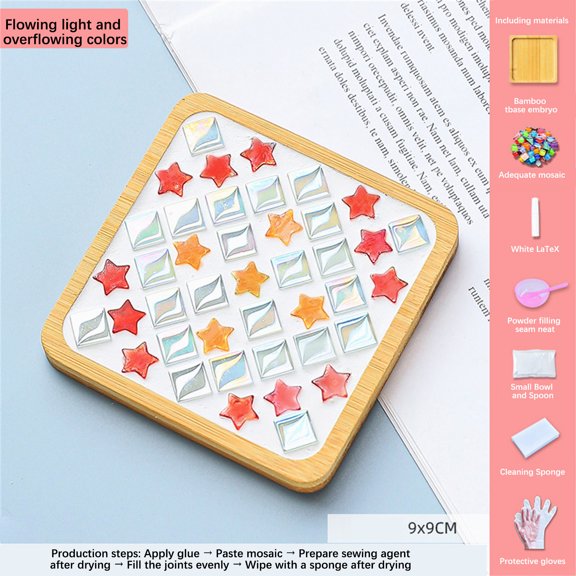 RnemiTe-amo DIY Glass Mosaic Tiles for Crafts,Mixed Color Mosaic Kit with Bamboo Coaster, Crafts for Adults Mosaic, Crafts Materials Package, Mosaic Supplies