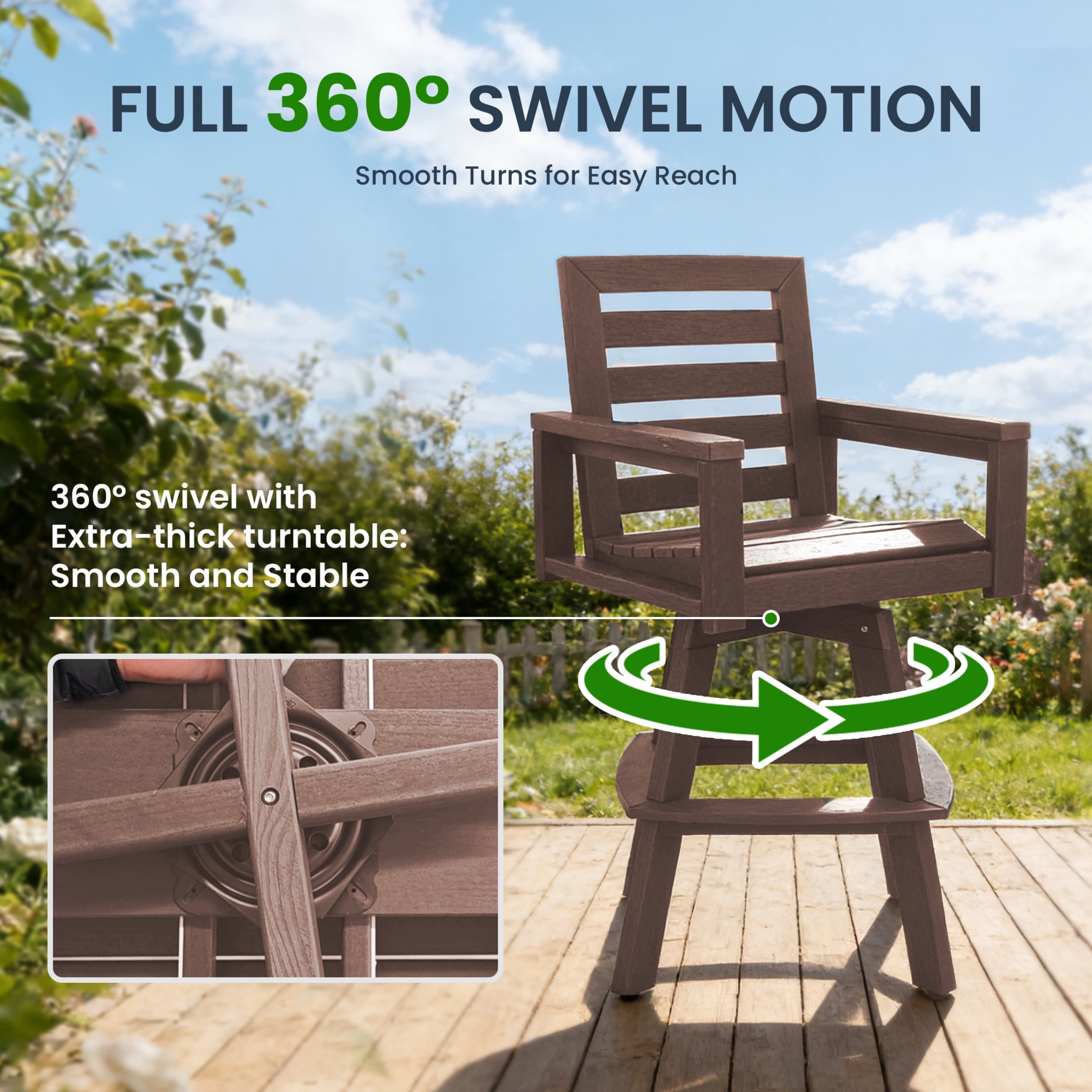 Noble House Outdoor Swivel Bar Stool, HDPE Wood Grain Ladderback Patio Chair with Footrest for Deck, Poolside, Yellow Brown