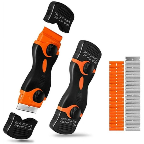 Razor Blade Scraper, 2 in 1 Scraper Tool with 40 Pcs Plastic Double Edge Razor Blades for Stickers Labels Decals Glass Auto Window Paint Stove top Cleaning Scraper (Black)