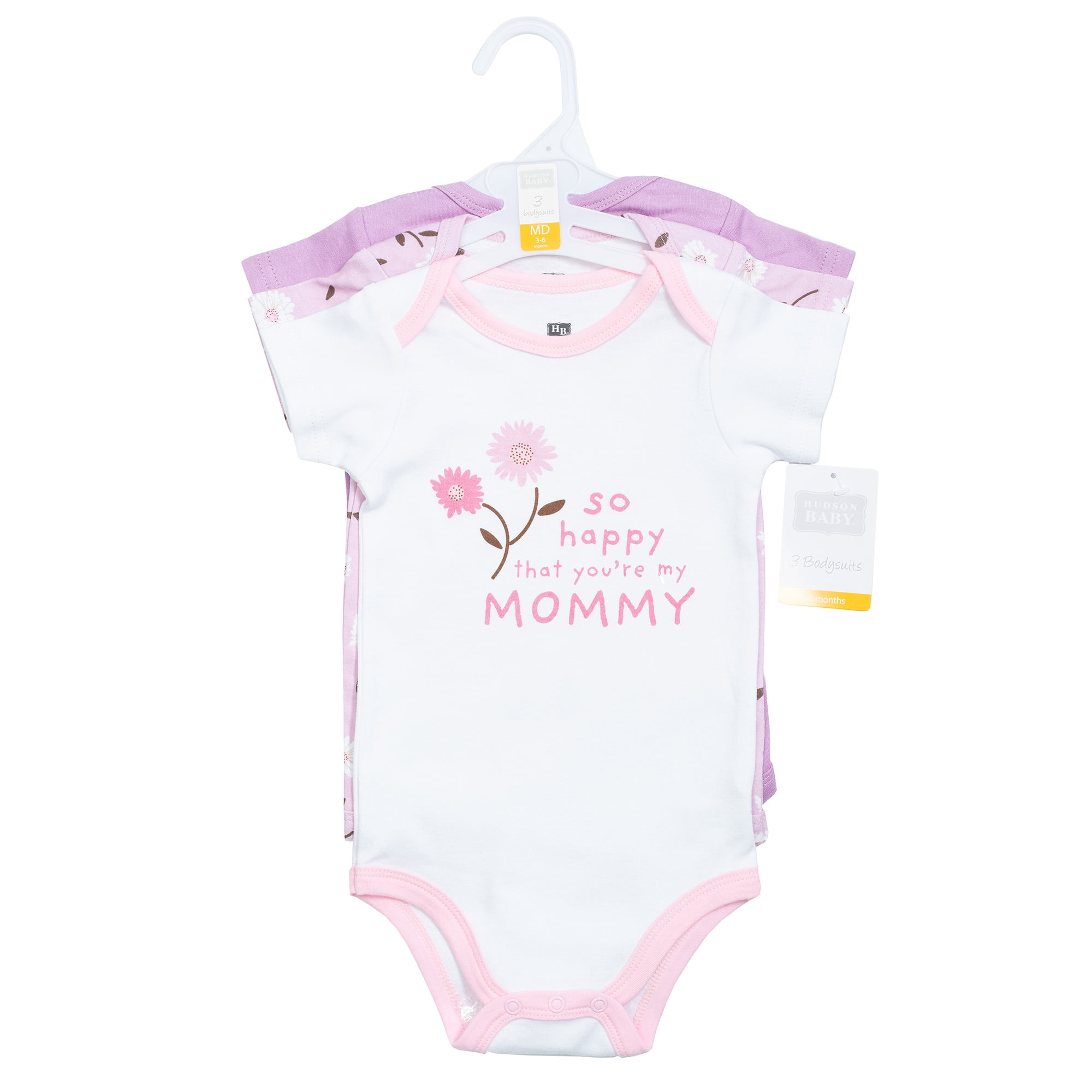 Hudson Baby Girl Cotton Bodysuits 3-Pack, Lilac Blooms, 0-3 Months