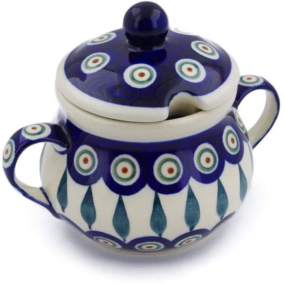 Polish Pottery 7 oz Sugar Bowl (Peacock Leaves Theme) Hand Painted in Boleslawiec, Poland   Certificate of Authenticity