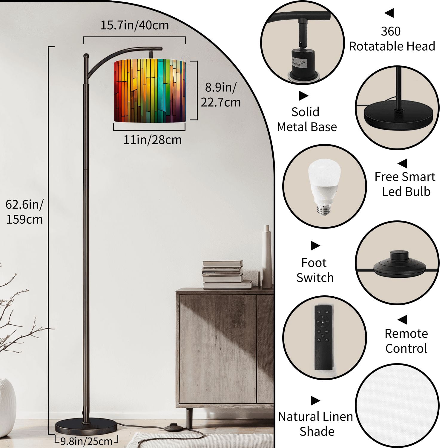 Arc Floor Lamp Colorful stained glass window Abstract stained Tall Modern Standing Lamp LED Adjustable Linen Lampshade 3 Color Temperatures